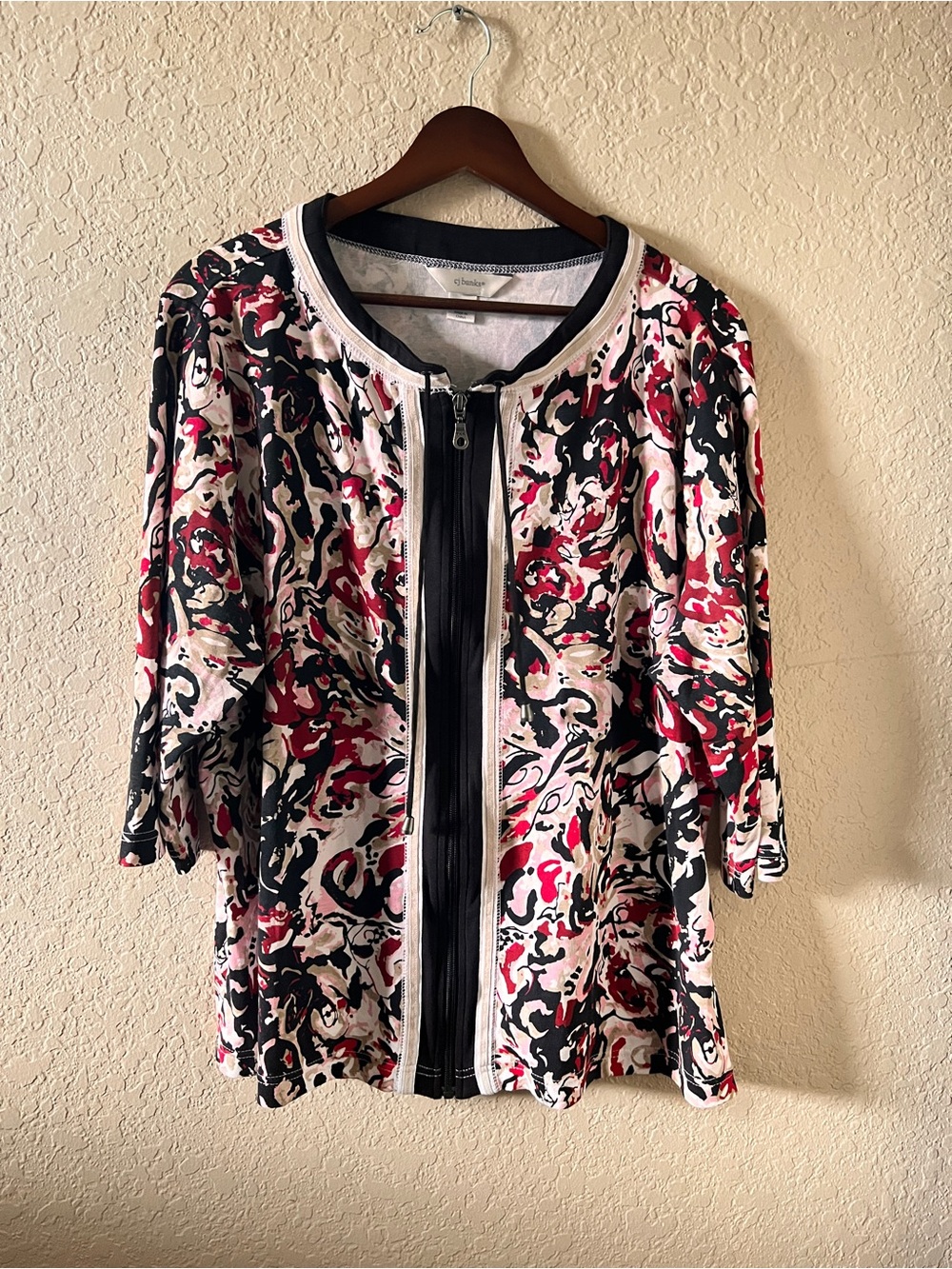 🐝Cj Banks Zip-Front Printed Jacket in Black, Cream & Red 100% Cotton